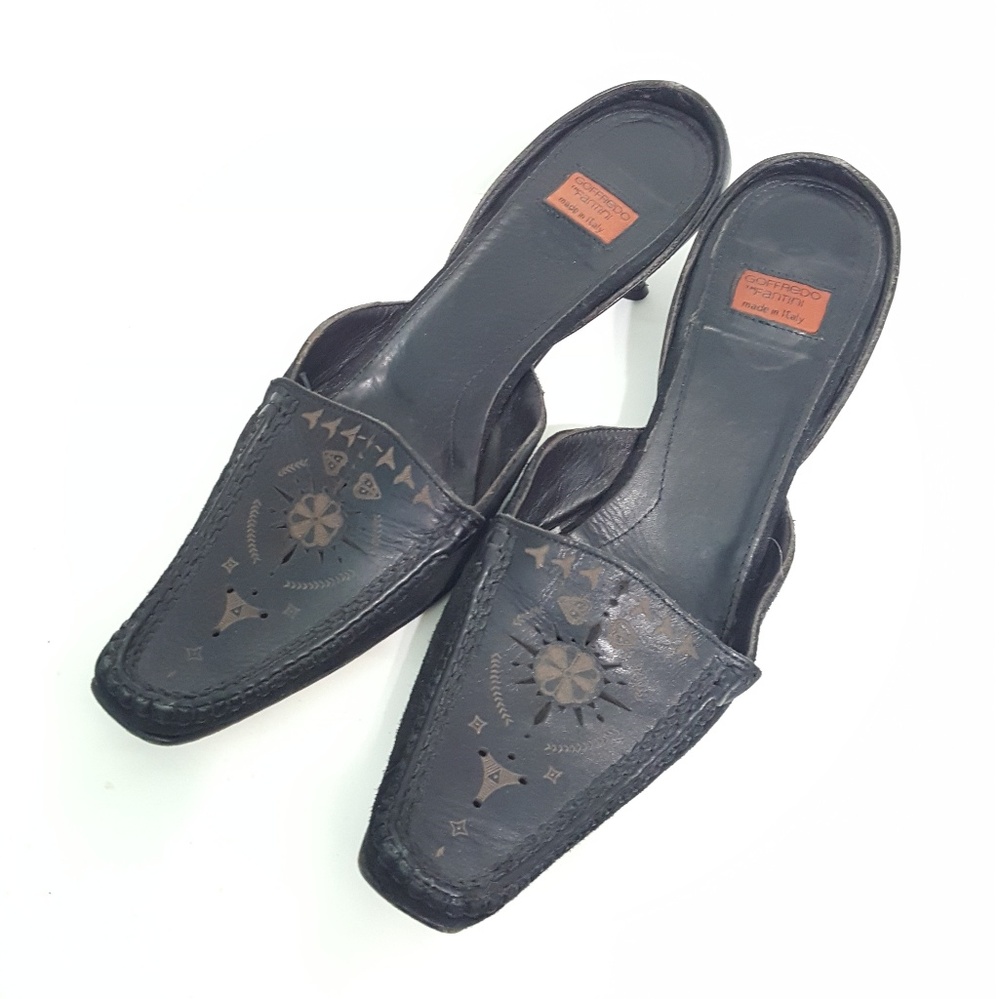 Goffredo Fantini Tooled Leather Black Mules